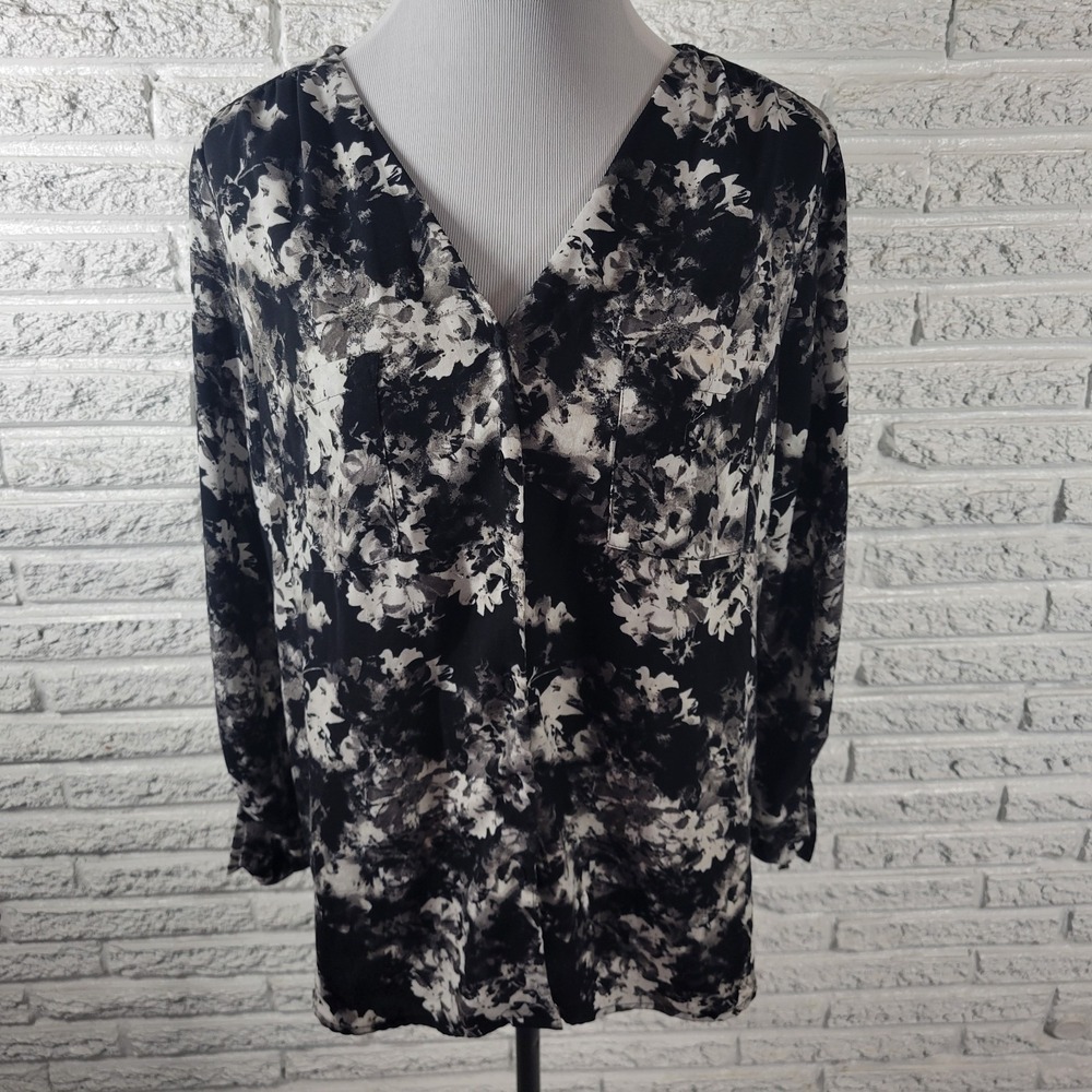 Apt 9 Womens Top XL Black White Watercolor V-Neck Roll Tab Long Sleeve Blouse